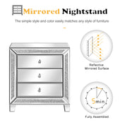VINGLI Mirrored Nightstand Modern Bedside Table With 3 Drawer Glass Side End Table Silver