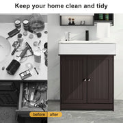 SSLine Under Sink Vanity Cabinet Free Standing Bathroom Sink Cabinet with Pedestal Hole White Bath Storage Cupboard w/Doors