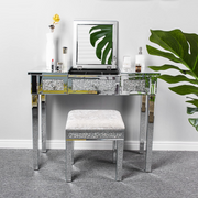 VINGLI Mirrored Console Table 3 Drawer Mirrored Makeup Vanity Table Desk with Stool Silver